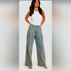 Chic Pearl Embellished Wide Leg Jeans